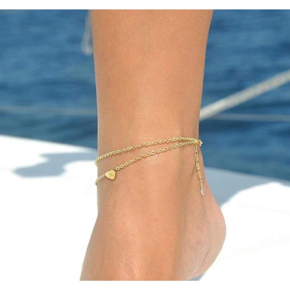 Heart Initial Ankle Bracelets for Women, 14K Gold Filled Handmade, T Inscribed - Picture 2 of 4